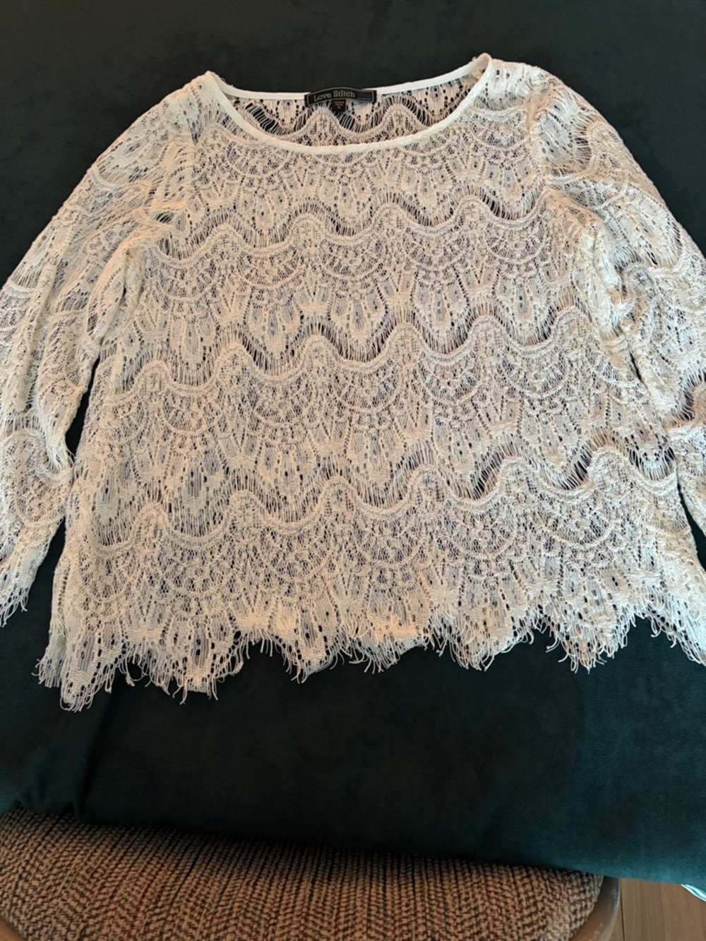 Love Stitch White Lace Long Sleeve Scoop Neck Top